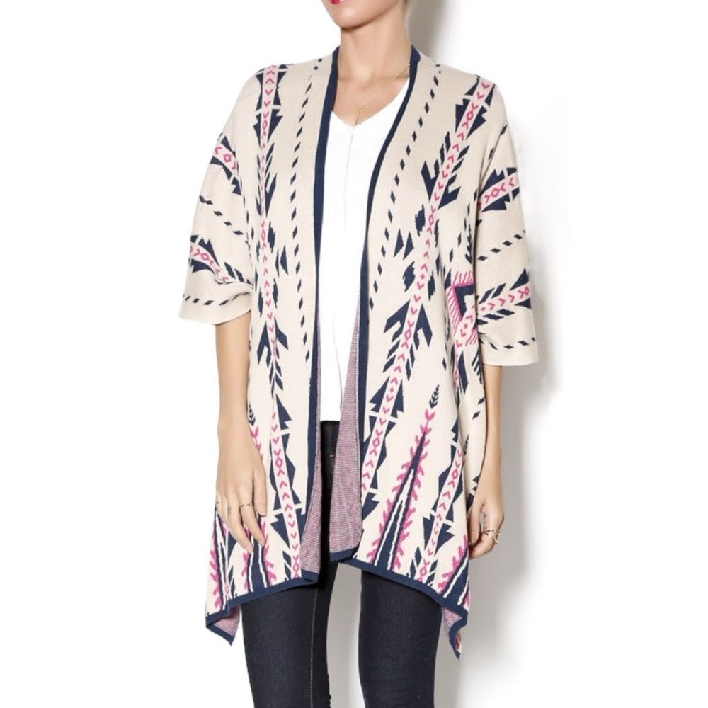 Flying Tomato Boho Aztec Sweater Kimono Size Medium Tan Navy Hot Pink Southwest